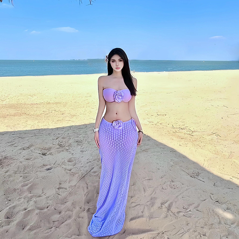 Ženski bikini kupaći kostim - trodijelni set s dugom suknjom, jastučić za grudi, najlon tkanina s poliester podstavom
