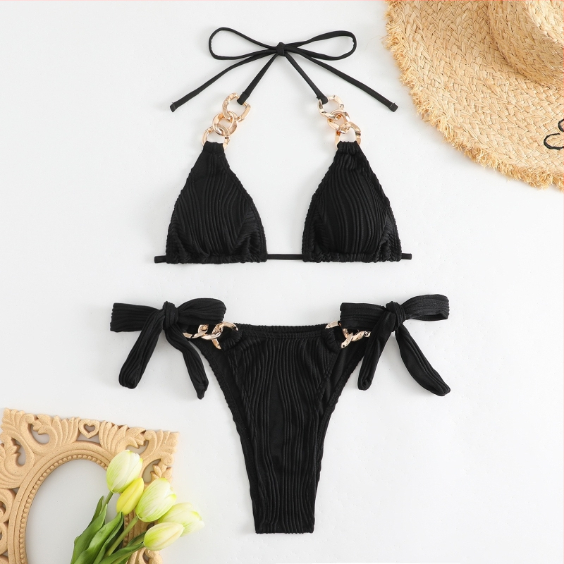 Ženski trokutasti bikini s lancima na trakama, s jastučićima, bez leđa, poliester