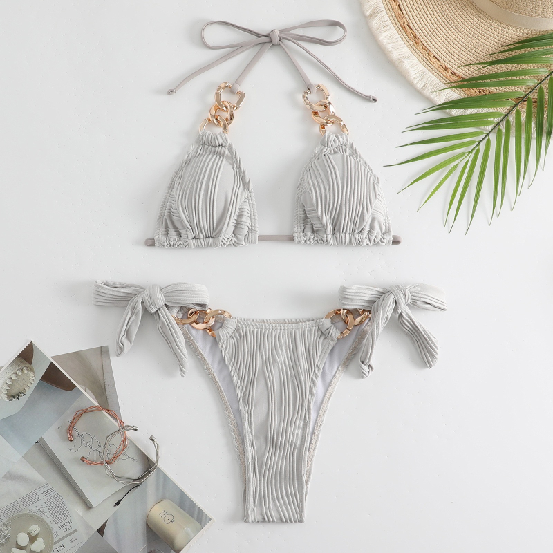 Ženski trokutasti bikini s lancima na trakama, s jastučićima, bez leđa, poliester
