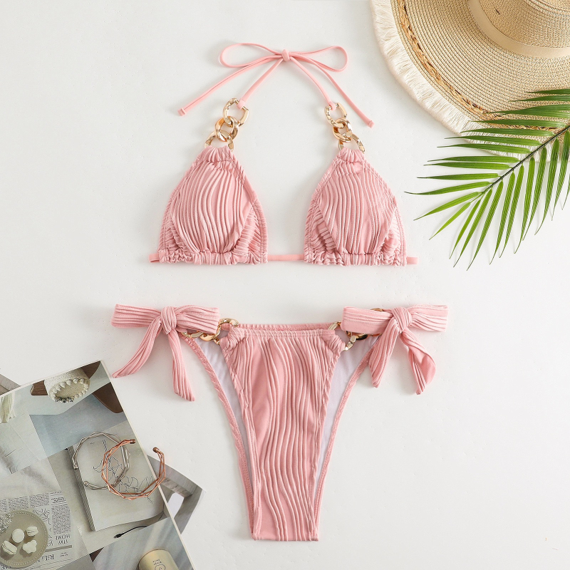 Ženski trokutasti bikini s lancima na trakama, s jastučićima, bez leđa, poliester