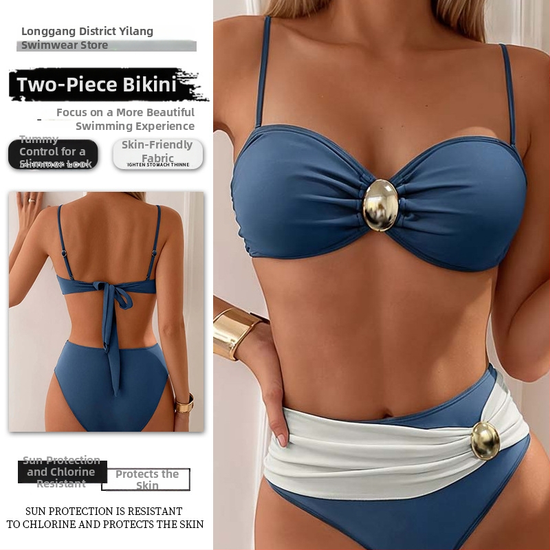 Dvodijelni bikini set s visokim strukom, retro otvorena leđa, najlonski materijal s umetkom za poprsje, za odrasle žene za plivanje