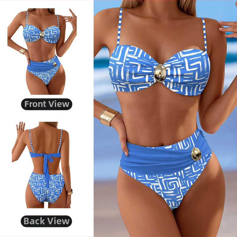 Dvodijelni bikini set s visokim strukom, retro otvorena leđa, najlonski materijal s umetkom za poprsje, za odrasle žene za plivanje