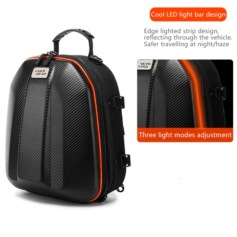 Motocikla somai ar cieta korpusa aizmugurējai daļai, materiāls EVA + 600D Oxford audums, modeļi LA-0114a/LA-0114b/LA-0114b-led, lietus pārsegs iekļauts, zīmols Guhua