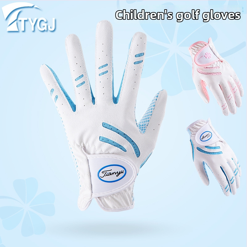Παιδικά γάντια γκολφ από την TTYGJ — μικροϊνών εποξειδικό ύφασμα + PU + δίχτυ ύφασμα; παλάμη: πολυεστέρας με σιλικόνη; πίσω μέρος χεριού: PU 45% + 55% πολυεστερικές ίνες; δάχτυλα: 90% πολυεστέρας + 10% σπαντέξ