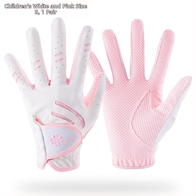 Παιδικά γάντια γκολφ από την TTYGJ — μικροϊνών εποξειδικό ύφασμα + PU + δίχτυ ύφασμα; παλάμη: πολυεστέρας με σιλικόνη; πίσω μέρος χεριού: PU 45% + 55% πολυεστερικές ίνες; δάχτυλα: 90% πολυεστέρας + 10% σπαντέξ