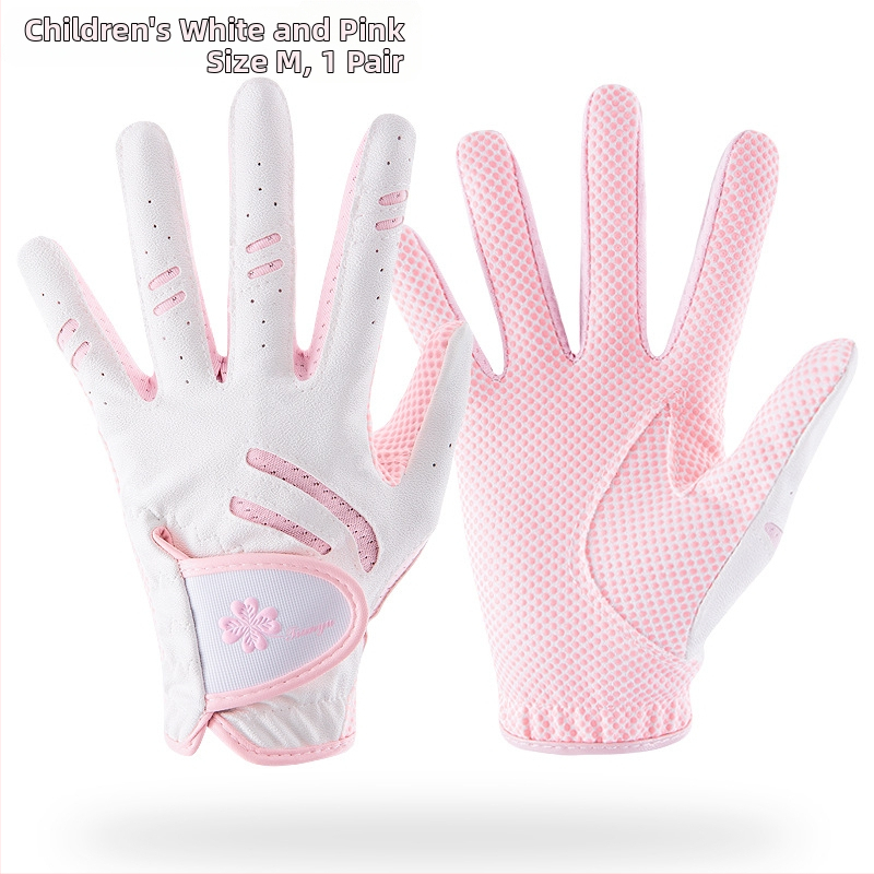 Παιδικά γάντια γκολφ από την TTYGJ — μικροϊνών εποξειδικό ύφασμα + PU + δίχτυ ύφασμα; παλάμη: πολυεστέρας με σιλικόνη; πίσω μέρος χεριού: PU 45% + 55% πολυεστερικές ίνες; δάχτυλα: 90% πολυεστέρας + 10% σπαντέξ