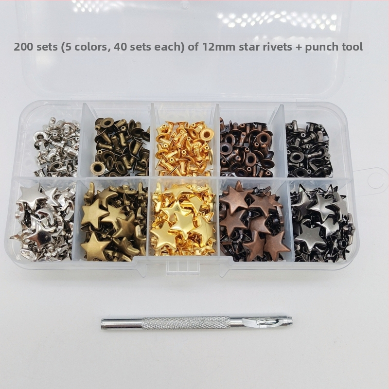 Sada kovových prvkov pre kožu: nitmi s hviezdičkou a pentagramou; duté nit; príslušenstvo k nitom