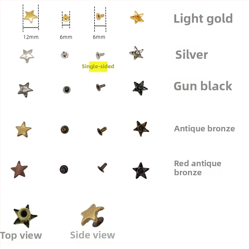 Sada kovových prvkov pre kožu: nitmi s hviezdičkou a pentagramou; duté nit; príslušenstvo k nitom