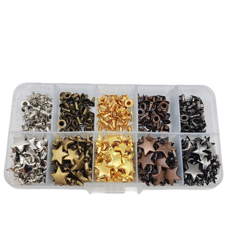 Set de accesorii metalice pentru piele: nituri cu design stea și pentagramă; nit gol; accesorii pentru butoane nit