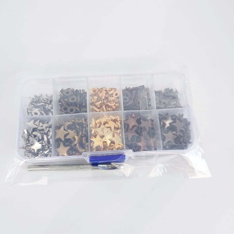 Set de accesorii metalice pentru piele: nituri cu design stea și pentagramă; nit gol; accesorii pentru butoane nit