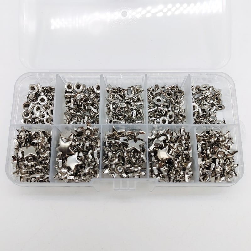 Set de accesorii metalice pentru piele: nituri cu design stea și pentagramă; nit gol; accesorii pentru butoane nit