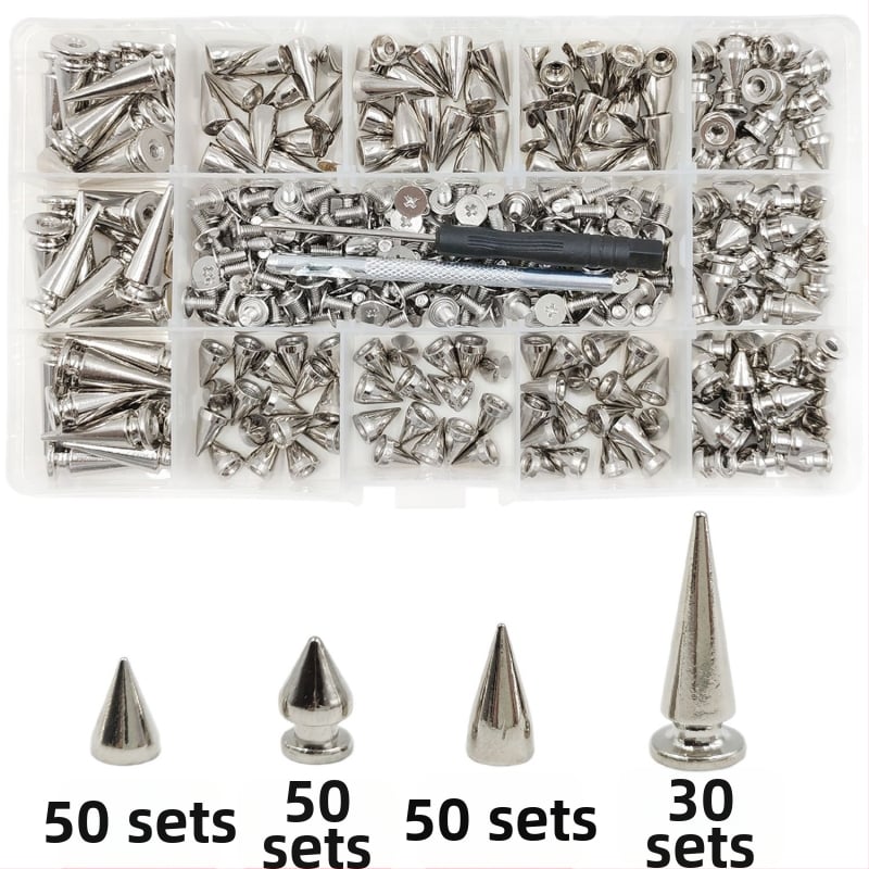 Set de nituri metalice pentru piele — cap bullet, conic, nituri decorative punk pentru paltoane, blugi, pălării, curele și genți (Huafei)