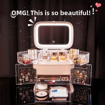 Kutija za skladištenje kozmetike s LED ogledalom i pretincom za nakit — ABS materijal, klizni poklopac, japanski stil, proljeće 2025