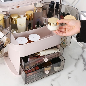 Kutija za skladištenje kozmetike s LED ogledalom i pretincom za nakit — ABS materijal, klizni poklopac, japanski stil, proljeće 2025