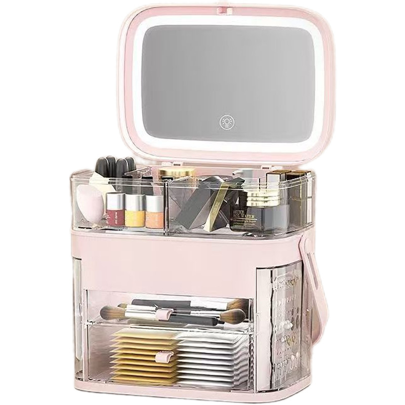Kutija za skladištenje kozmetike s LED ogledalom i pretincom za nakit — ABS materijal, klizni poklopac, japanski stil, proljeće 2025