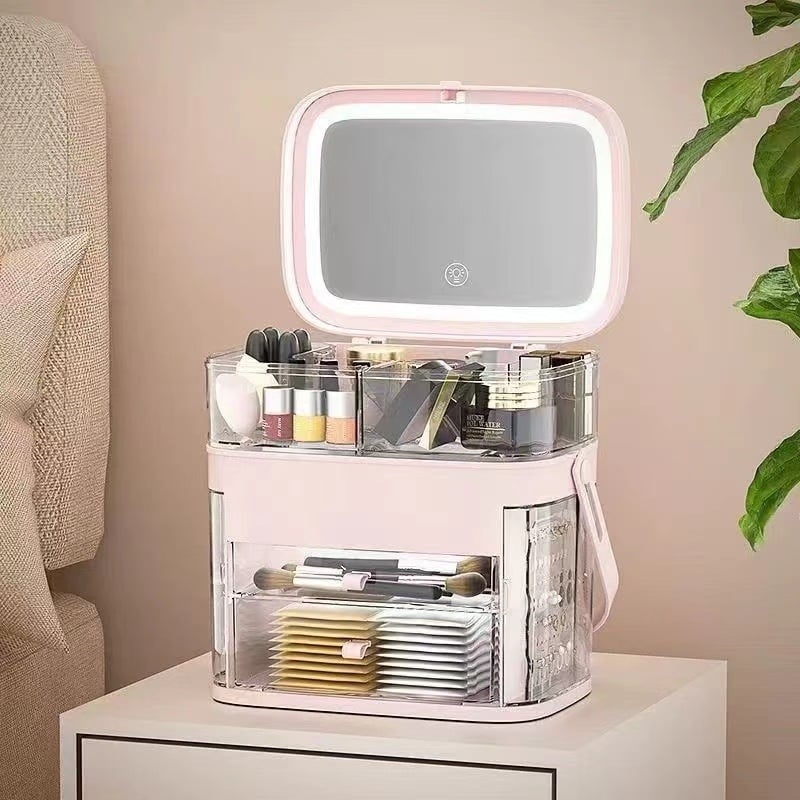 Kutija za skladištenje kozmetike s LED ogledalom i pretincom za nakit — ABS materijal, klizni poklopac, japanski stil, proljeće 2025