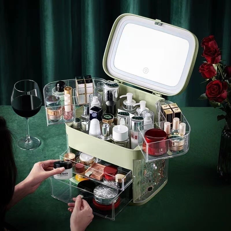 Kutija za skladištenje kozmetike s LED ogledalom i pretincom za nakit — ABS materijal, klizni poklopac, japanski stil, proljeće 2025