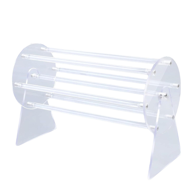 Akrilo juvelyrinių aksesuarų ekspozicijos stendas, skaidrus, vieno aukšto, sujungimo konstrukcija, mergaitiško stiliaus, palaiko etikečių žymėjimą