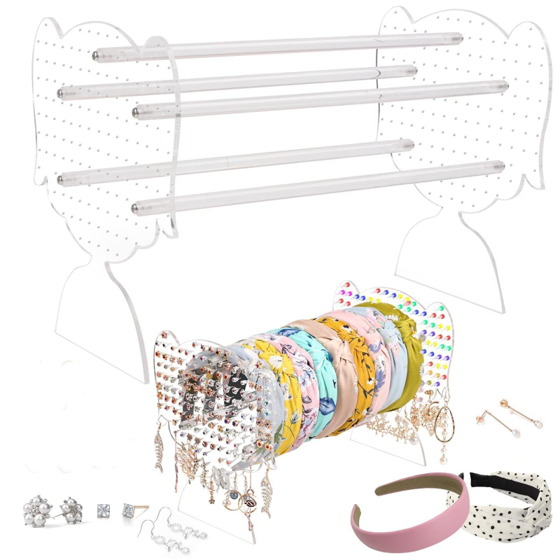 Akrilo juvelyrinių aksesuarų ekspozicijos stendas, skaidrus, vieno aukšto, sujungimo konstrukcija, mergaitiško stiliaus, palaiko etikečių žymėjimą