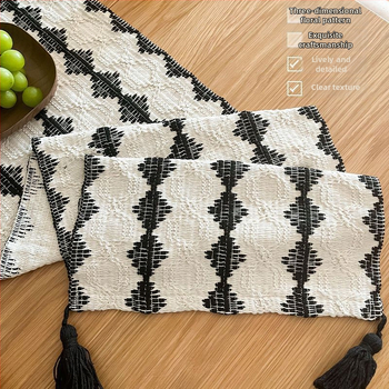 Stolová vlajka - bavlno-lanová látka, geometrický vzor, minimalistický moderný štýl, dekor do obývačky