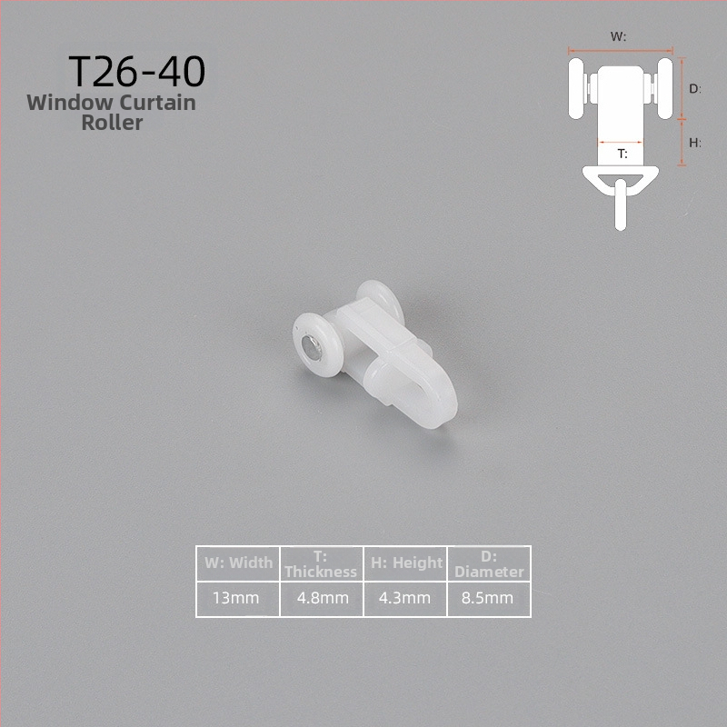 Aizkaru rievu ritināšanas aksesuāri, modelis T26-33; materiāls PE + nerūsējošs tērauds; piemērots karājamiem aizkariem; pielāgota apstrāde