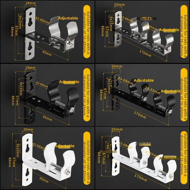 Szabályozható, univerzális függönyrúdtartó - rozsdamentes acélból, felső és oldalsó rögzítés, kompatibilis egyrudú vagy kettős rúdhoz