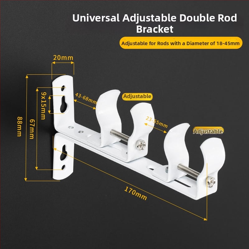 Szabályozható, univerzális függönyrúdtartó - rozsdamentes acélból, felső és oldalsó rögzítés, kompatibilis egyrudú vagy kettős rúdhoz