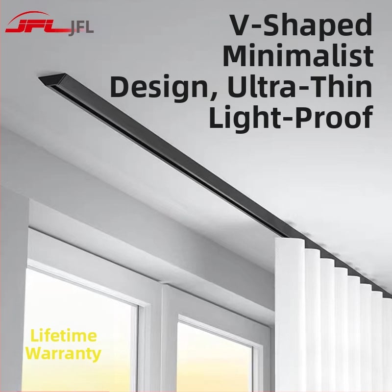 JFL-V01 Īss alumīnija aizkaru sliede, slēpts V-veida dizains, viegls luksusa uzstādīšanas komplekts ar blīvi, rullīti un līmi