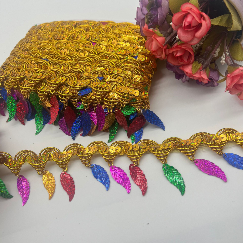 Rankų darbo lazeriu iškirpta kutų nėrinių juostelė su karoliukais, poliesteris – lapų rašto etniniams aksesuarams