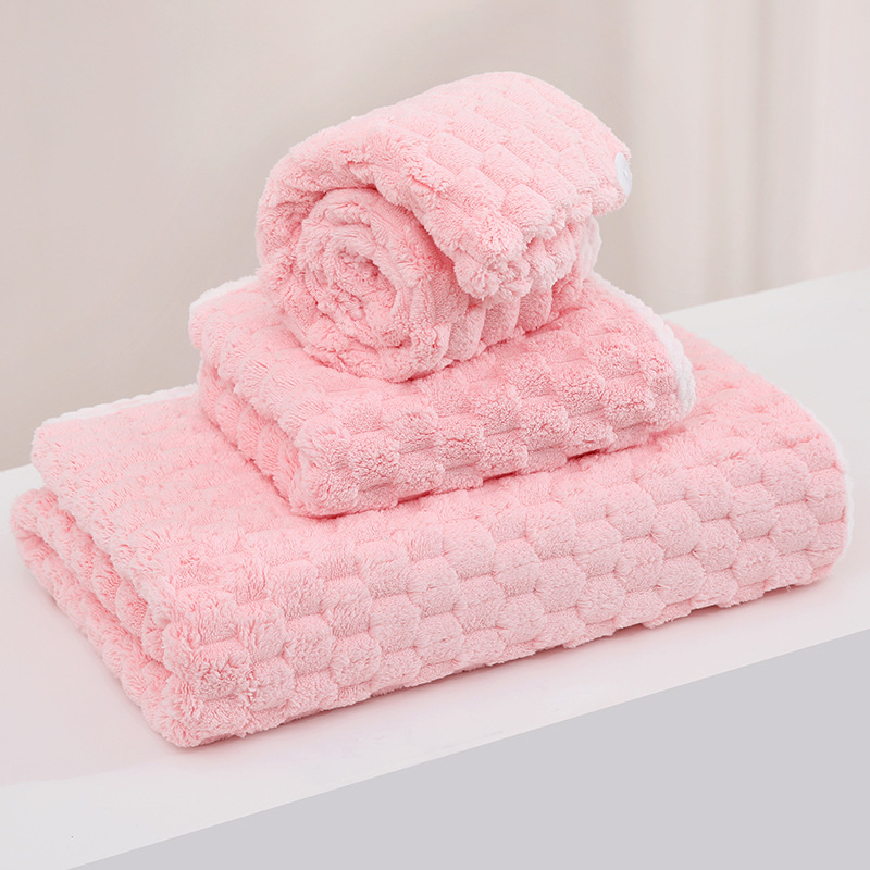 Set prosoape de baie și șapcă de uscare a părului din coral fleece — moale, absorbant, uscare rapidă, 450 g+, țesătură simplă