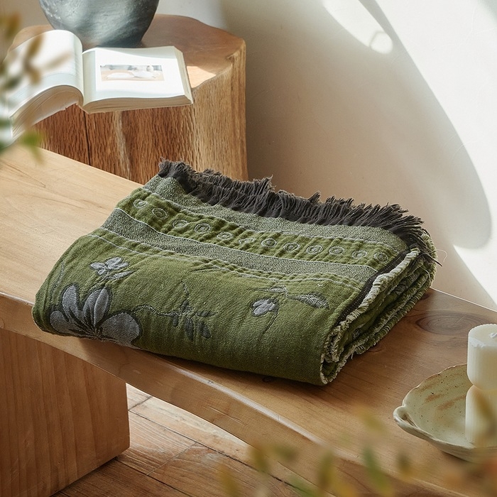 Pamuk džakard deka za bacanje – uzorak biljaka i cvijeća, lagane težine ispod 300 g, deka od niti