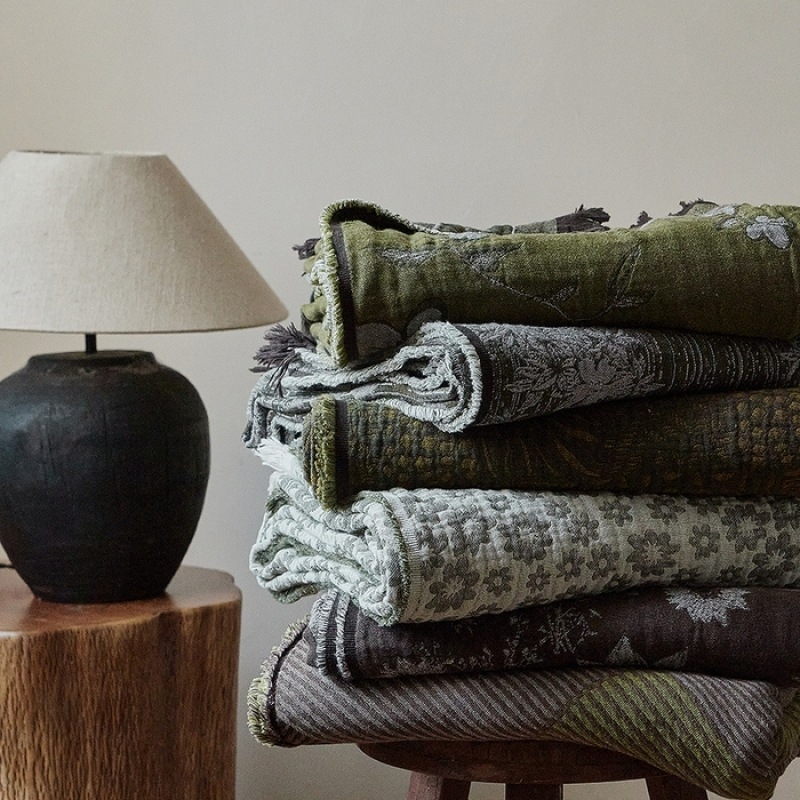 Pamuk džakard deka za bacanje – uzorak biljaka i cvijeća, lagane težine ispod 300 g, deka od niti