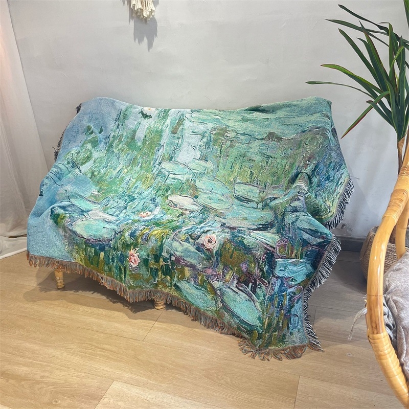 Tapiserijski prekrivač za kauč s motivom Monet Water Lilies, vintage pastoralni stil, težina 300–499 g, prvoklasna kvaliteta, pogodno za sve sezone