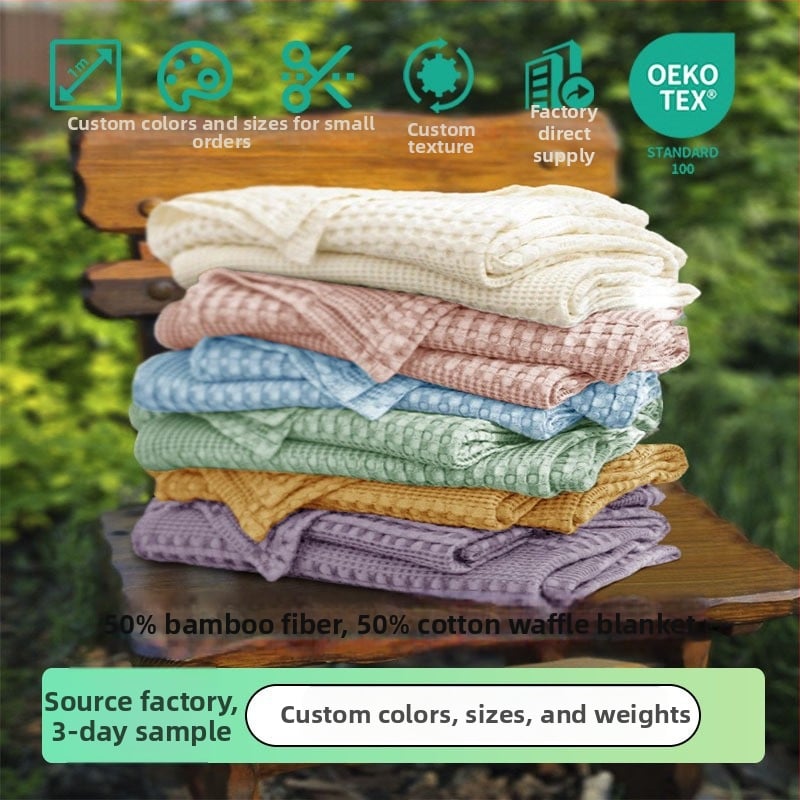 Vaflinio audinio pledas, 50% bambuko pluoštas, 50% medvilnė, Nordic stilius, vasaros naudojimui, svoris iki 300 g