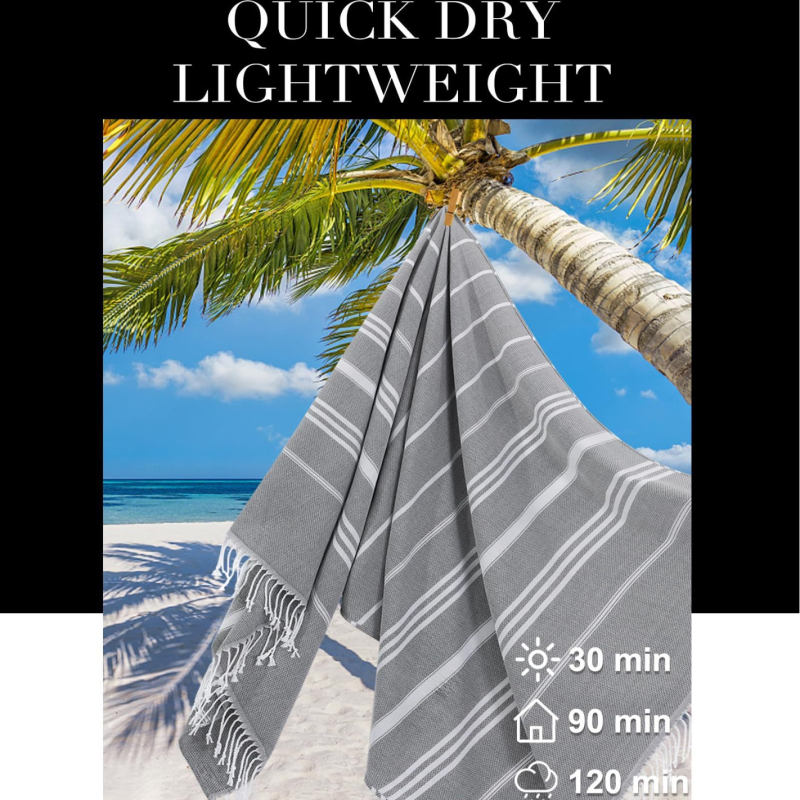 Prosop de plajă turcesc cu ciucuri — microfibră, 200–300 g, 16 fire, țesătură simplă, personalizare disponibilă