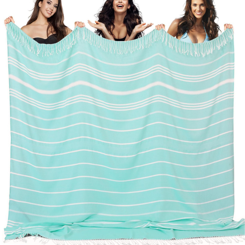 Prosop de plajă turcesc cu ciucuri — microfibră, 200–300 g, 16 fire, țesătură simplă, personalizare disponibilă