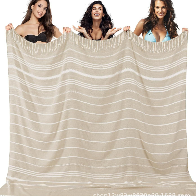 Prosop de plajă turcesc cu ciucuri — microfibră, 200–300 g, 16 fire, țesătură simplă, personalizare disponibilă