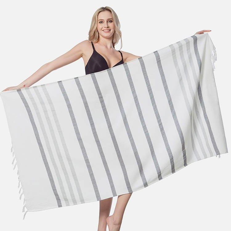 Prosop de baie/plajă din 100% bumbac, cu ciucuri, 300–400 g, fir 21s, țesătură simplă