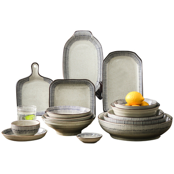 Keraminių dubenėlių komplektas su dryžiais, apvalios formos, šiuolaikinio minimalistinio stiliaus, tinkama mikrobangų krosnelei