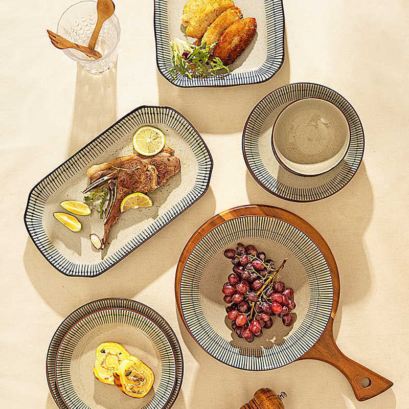 Keraminių dubenėlių komplektas su dryžiais, apvalios formos, šiuolaikinio minimalistinio stiliaus, tinkama mikrobangų krosnelei