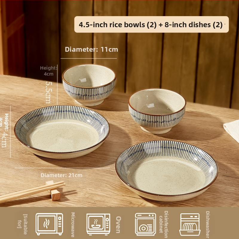 Keraminių dubenėlių komplektas su dryžiais, apvalios formos, šiuolaikinio minimalistinio stiliaus, tinkama mikrobangų krosnelei