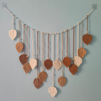 Фото гоблен за стена в скандинавски стил, памучно въжено тъкано със дървени мъниста, листен модел, пискюл