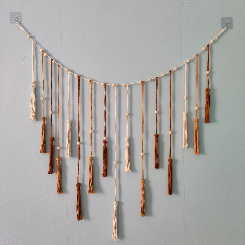 Фото гоблен за стена в скандинавски стил, памучно въжено тъкано със дървени мъниста, листен модел, пискюл