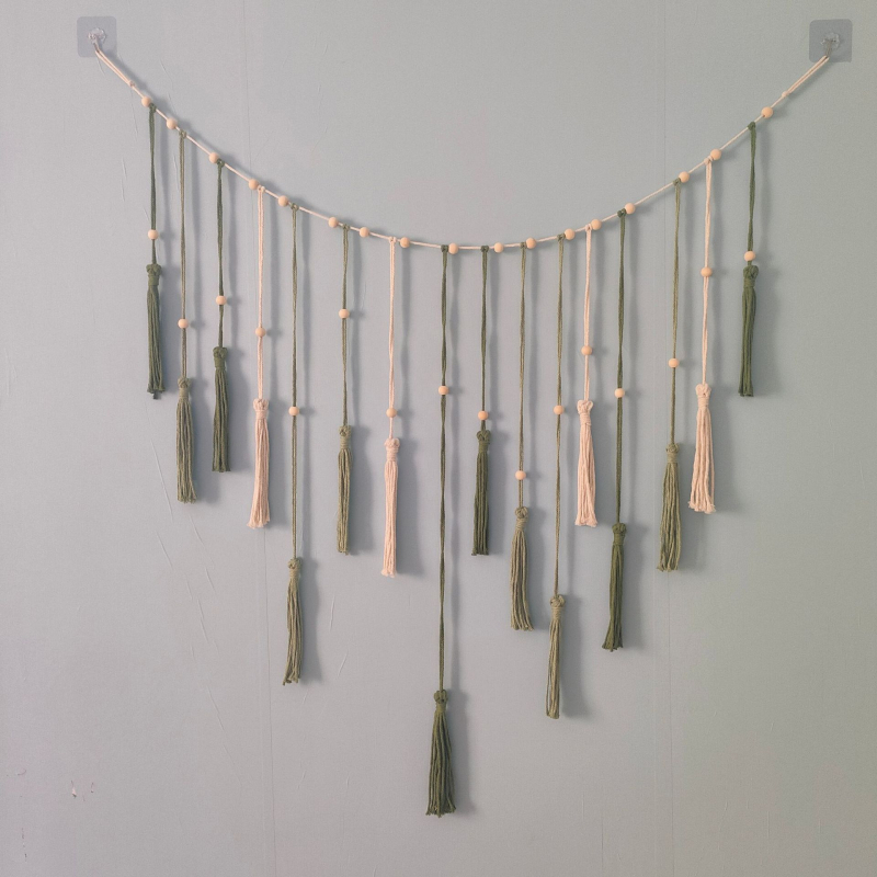 Фото гоблен за стена в скандинавски стил, памучно въжено тъкано със дървени мъниста, листен модел, пискюл