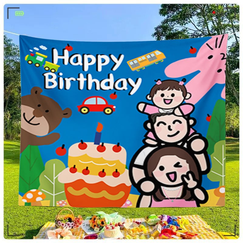 Tapiserie fundal pentru sesiune foto în familie la prima aniversare a bebelușului, poliester, design desen animat, formă dreptunghiulară, imprimare digitală prin transfer termic