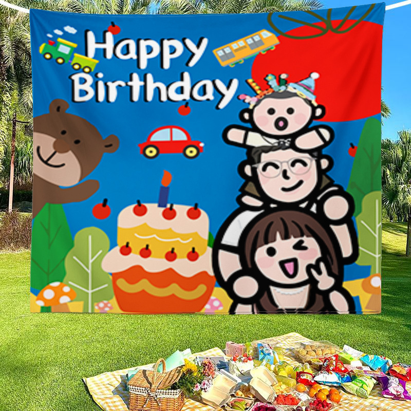 Tapiserie fundal pentru sesiune foto în familie la prima aniversare a bebelușului, poliester, design desen animat, formă dreptunghiulară, imprimare digitală prin transfer termic