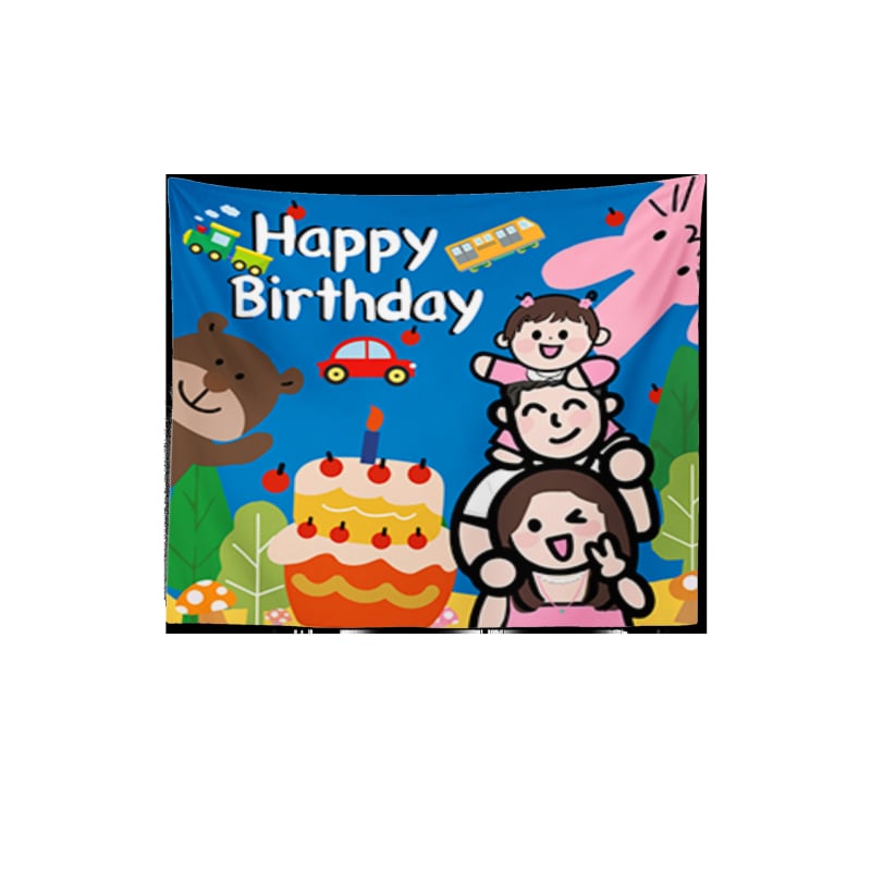 Tapiserie fundal pentru sesiune foto în familie la prima aniversare a bebelușului, poliester, design desen animat, formă dreptunghiulară, imprimare digitală prin transfer termic