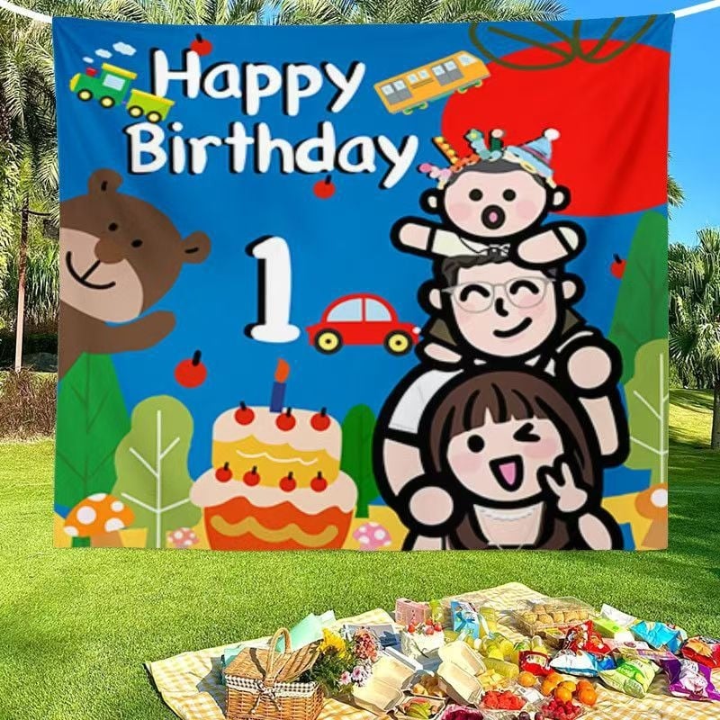 Tapiserie fundal pentru sesiune foto în familie la prima aniversare a bebelușului, poliester, design desen animat, formă dreptunghiulară, imprimare digitală prin transfer termic