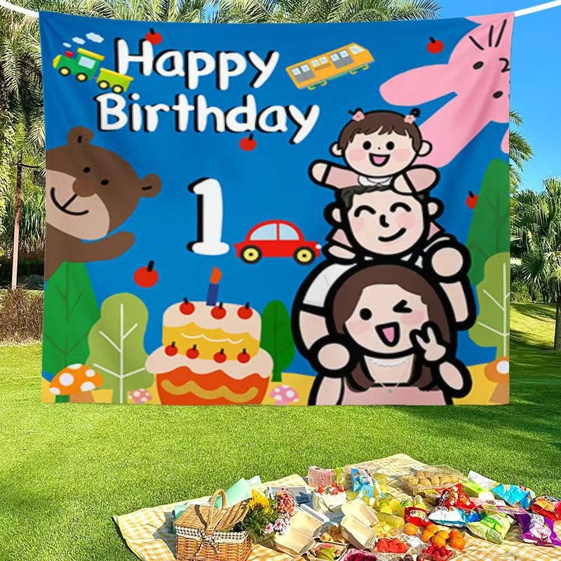 Tapiserie fundal pentru sesiune foto în familie la prima aniversare a bebelușului, poliester, design desen animat, formă dreptunghiulară, imprimare digitală prin transfer termic
