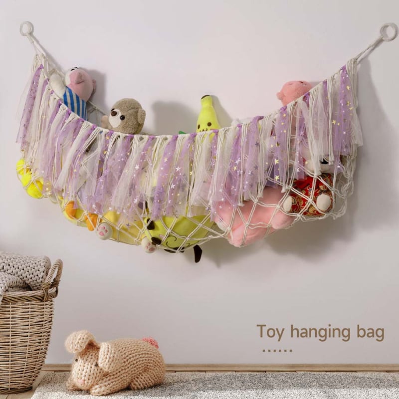 Medvilninis žaislų laikymo tinklas, rankų audimas, stačiakampis sieninis gobelenas, šiuolaikinis minimalistinis stilius, rankinis plovimas